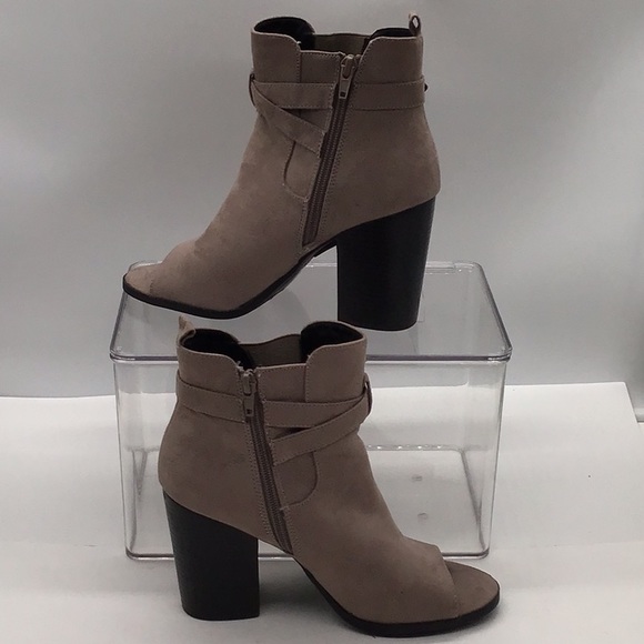 London Rag Taupe Peep Toe Buckle Heeled Ankle Boot - Picture 3 of 10